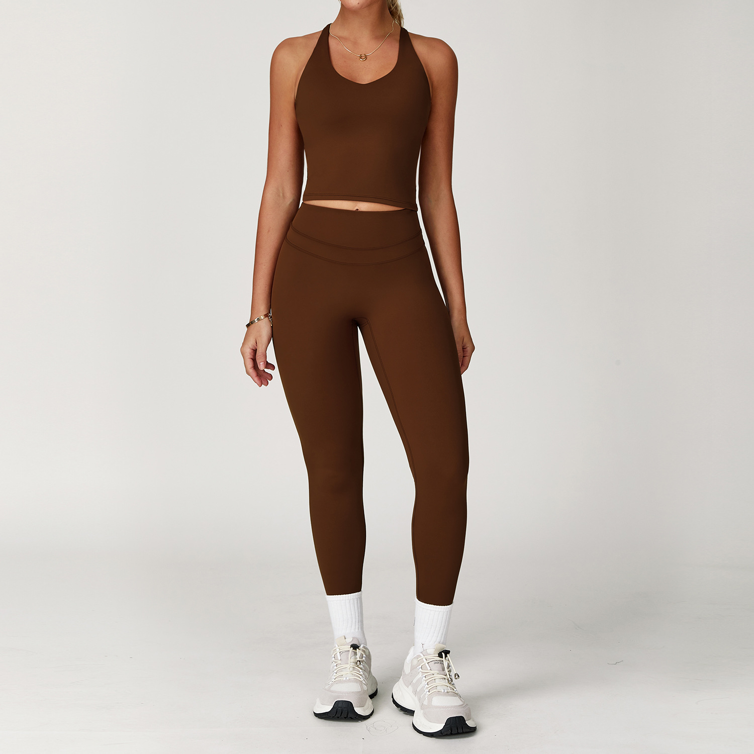 Women's Brown Yoga Leggings Set, 2 Piece High Waist Workout Outfit, Seamless Buttery Soft Sports Bra + Leggings, Gym Running Activewear